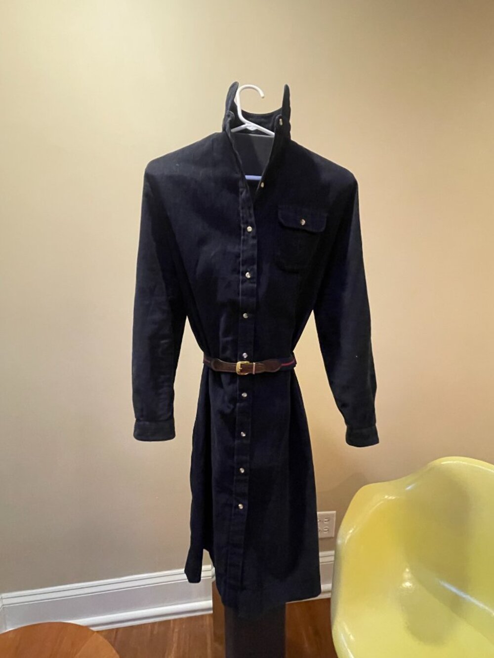Vintage L.L.Bean Corduroy Shirt Dress Navy Blue Midi Long Sleeve 1980s 1990s